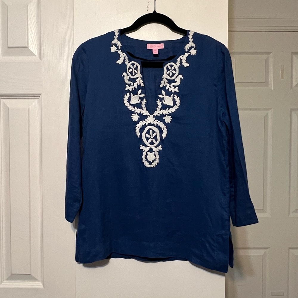 Lilly Pulitzer Women’s Amelia Island Linen Tunic Embroidered Blue & White Sz XS